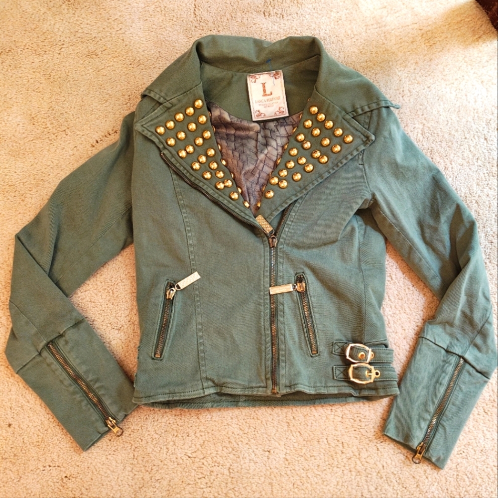 Lanca Perfume Military Tailored Gold Studded Collar, Gold Side Buckles Jacket